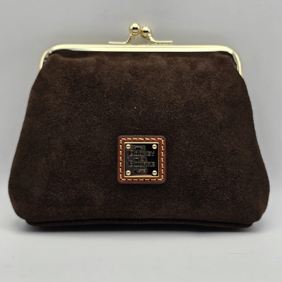Dooney & Bourke Handbags - Dooney & Bourke Suede Kiss Lock Clutch Wallet Brown Leather Gold Tone Frame NWOT